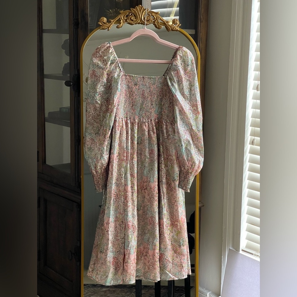 o.p.t. Few Moda NWT Pastel Floral Smocked Midi Dress w/ Silver Metallic Detail